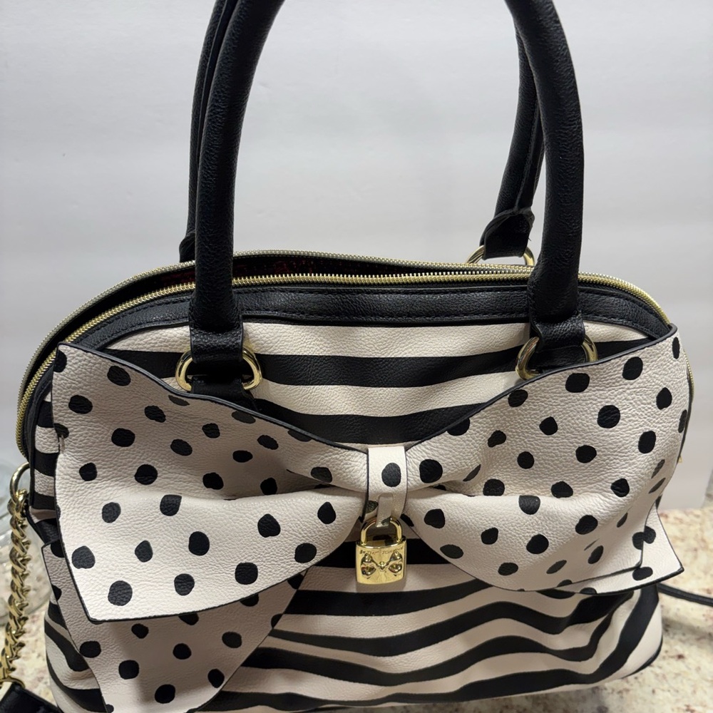 Betsy Johnson Black and White Polka Dot and striped Handbag